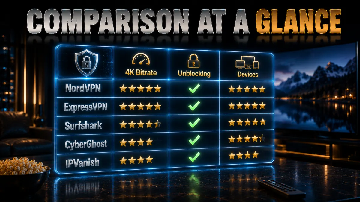 4K streaming VPN comparison at a glance: bitrate, unblocking, devices