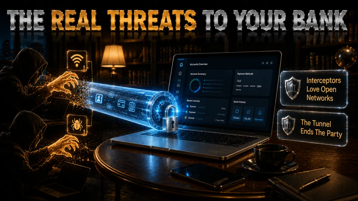Public wifi threats to banking: interceptors love open networks, the tunnel ends the party