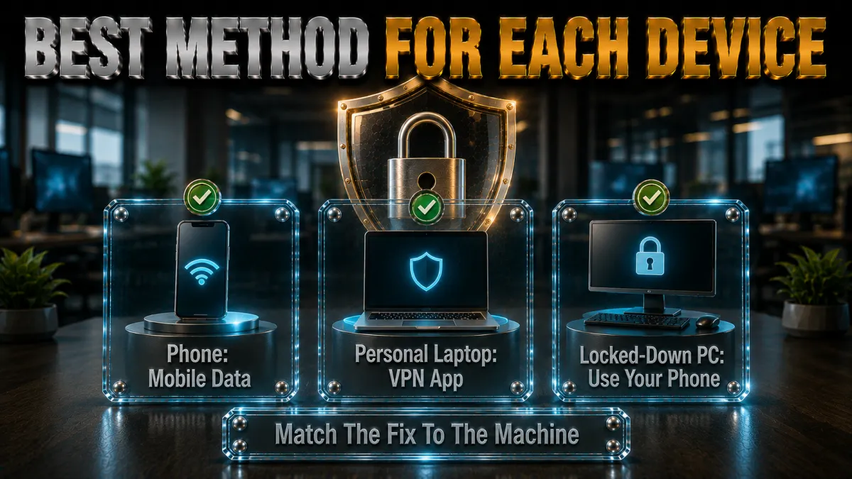 Best method by device: phone on mobile data, personal laptop VPN app, locked PC use your phone