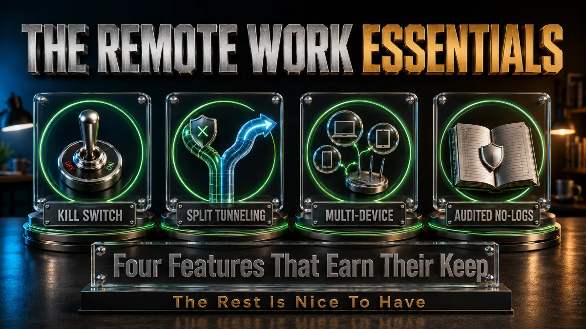 The remote-work VPN essentials: kill switch, split tunneling, multi-device, audits