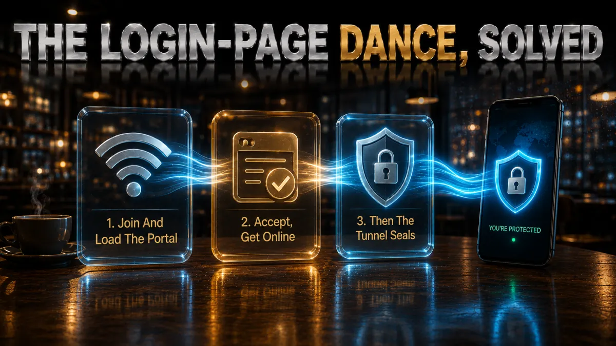 Captive portals with a VPN: join, accept, then the tunnel seals