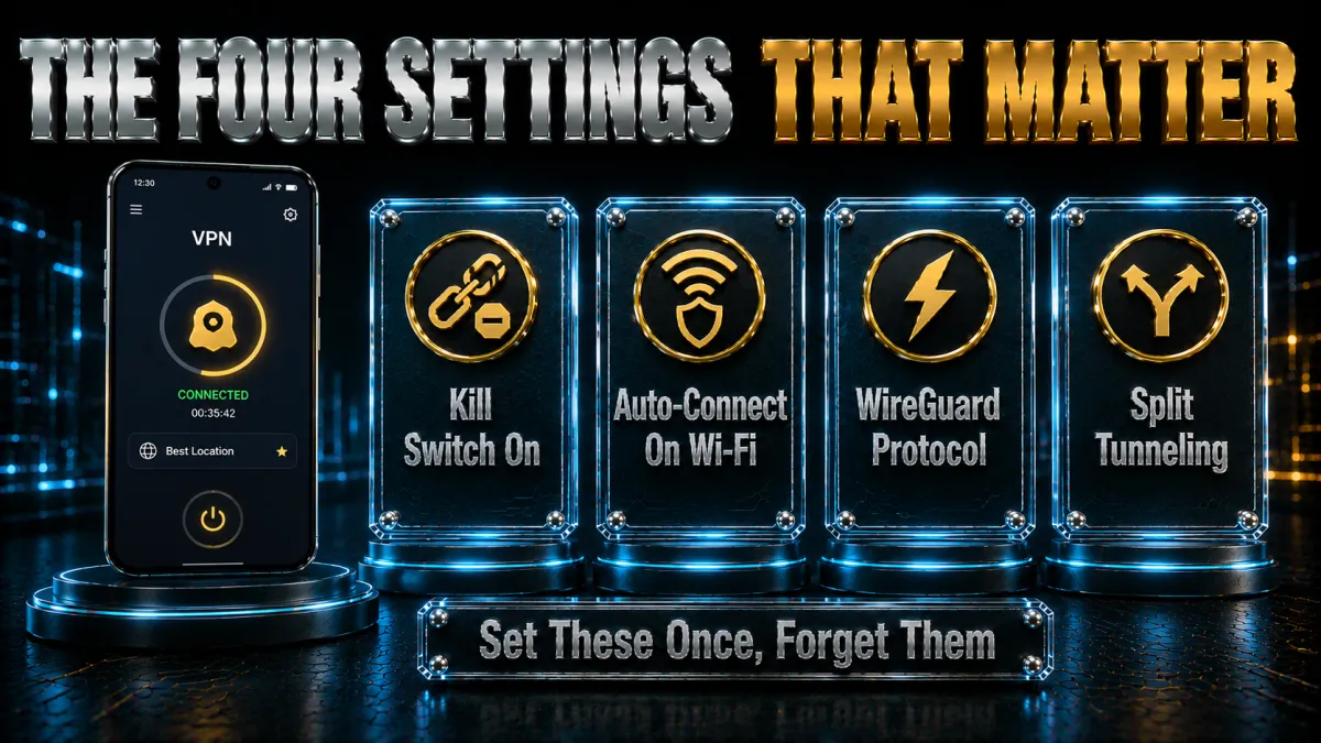 The four CyberGhost settings that matter on Android: kill switch, auto-connect, WireGuard, split tunneling