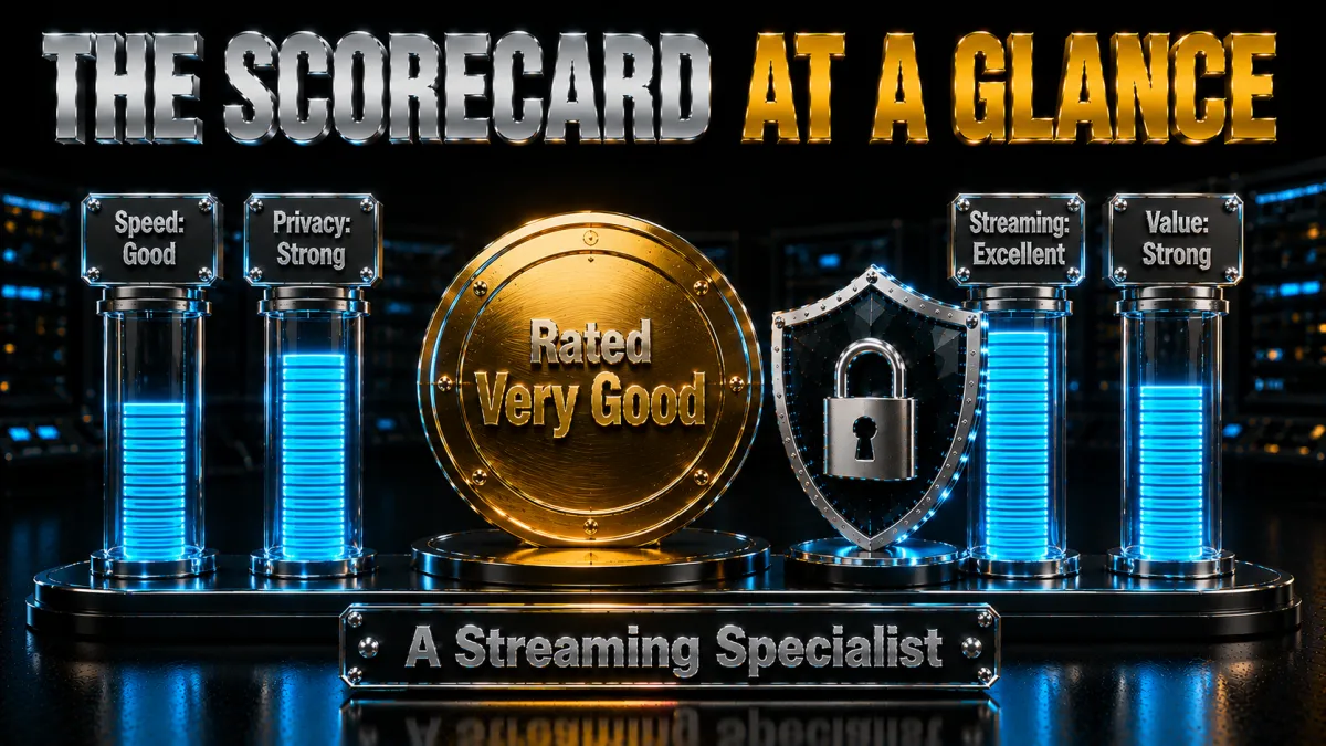 CyberGhost scorecard at a glance: good speed, strong privacy, excellent streaming, strong value