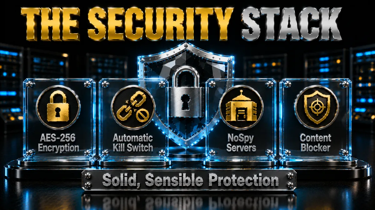 CyberGhost security stack: AES-256 encryption, automatic kill switch, NoSpy servers and content blocker