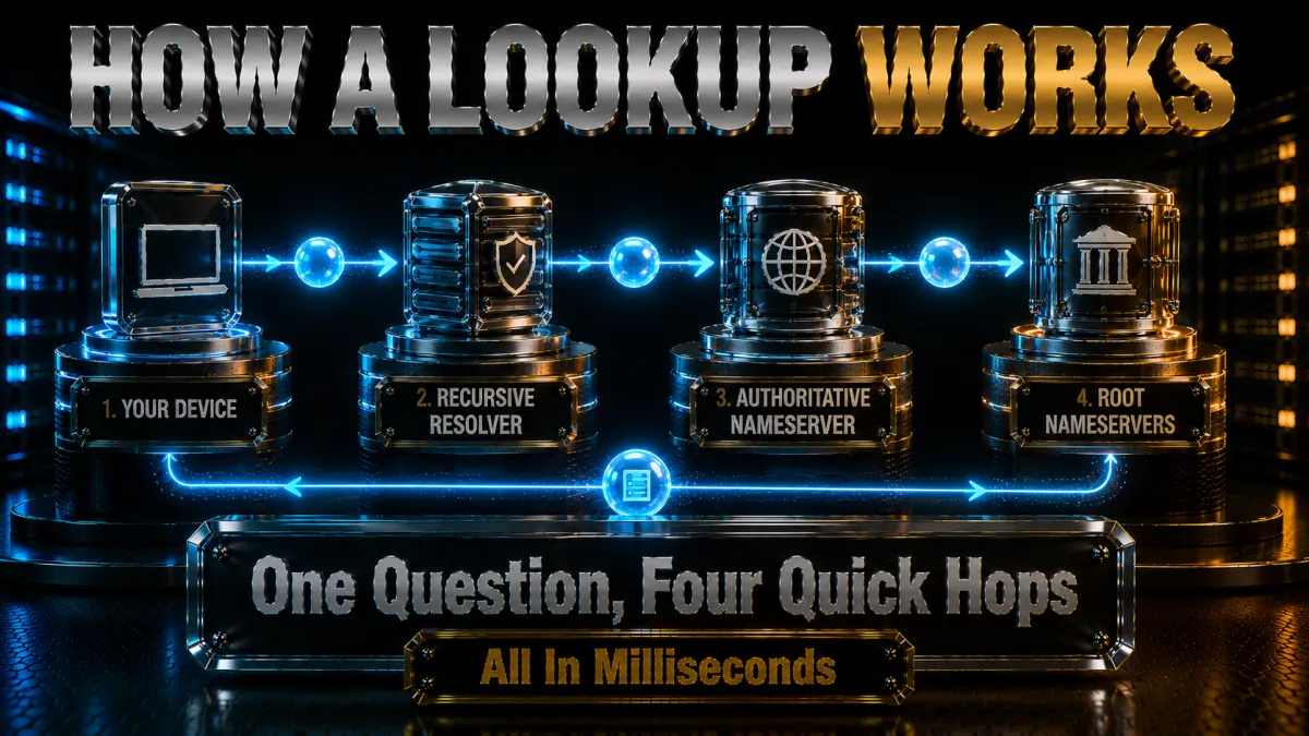 How a DNS lookup works: one question and four quick hops, all in milliseconds