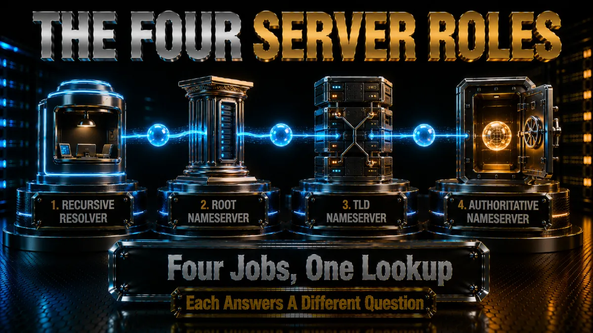 The four DNS server roles: four jobs in one lookup, each answers a different question
