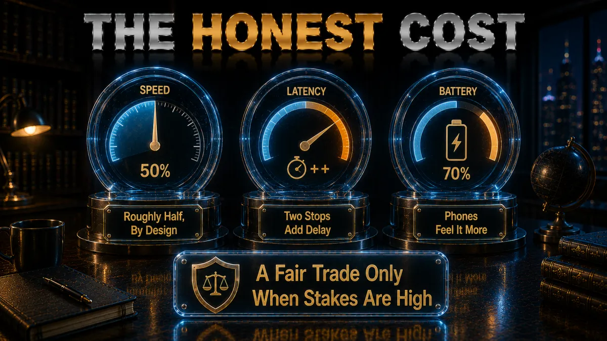 The honest cost of double VPN: roughly half speed by design, added latency, more battery