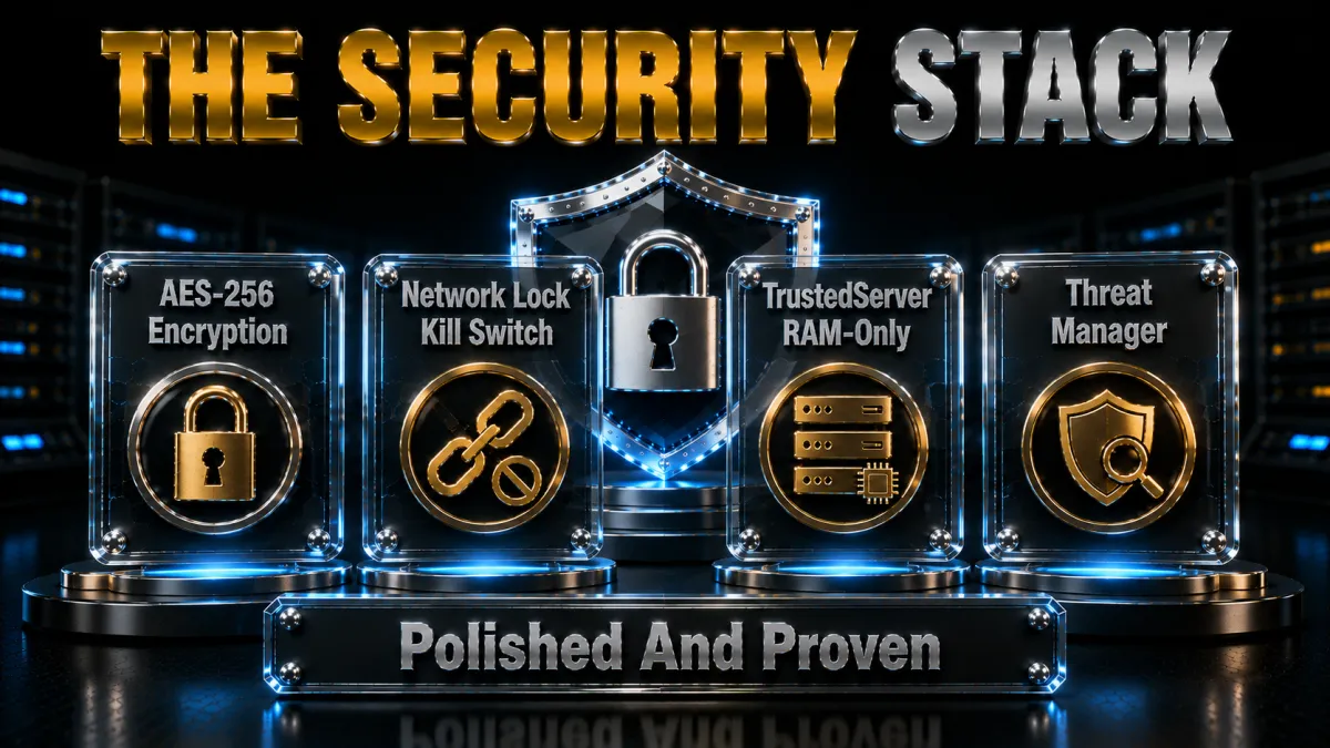ExpressVPN security stack: AES-256 encryption, Network Lock kill switch, TrustedServer and Threat Manager