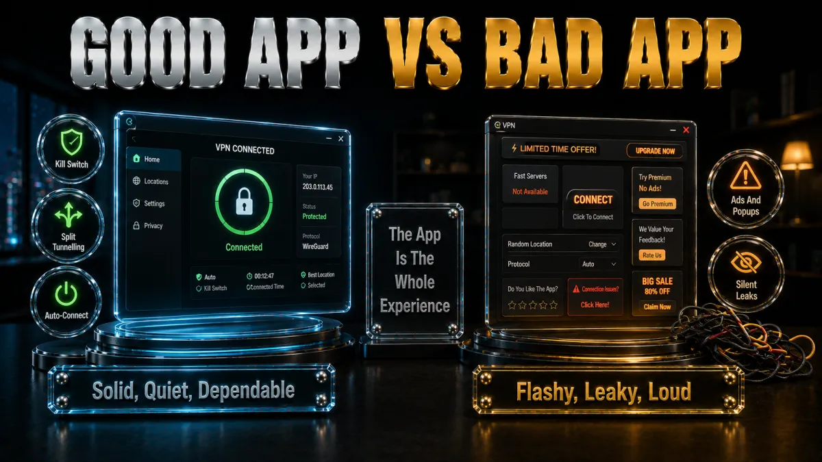 Good Windows VPN app versus bad: solid quiet dependable versus flashy leaky loud