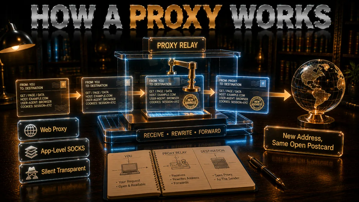 How a proxy works: new address, same open postcard, with web SOCKS and transparent types