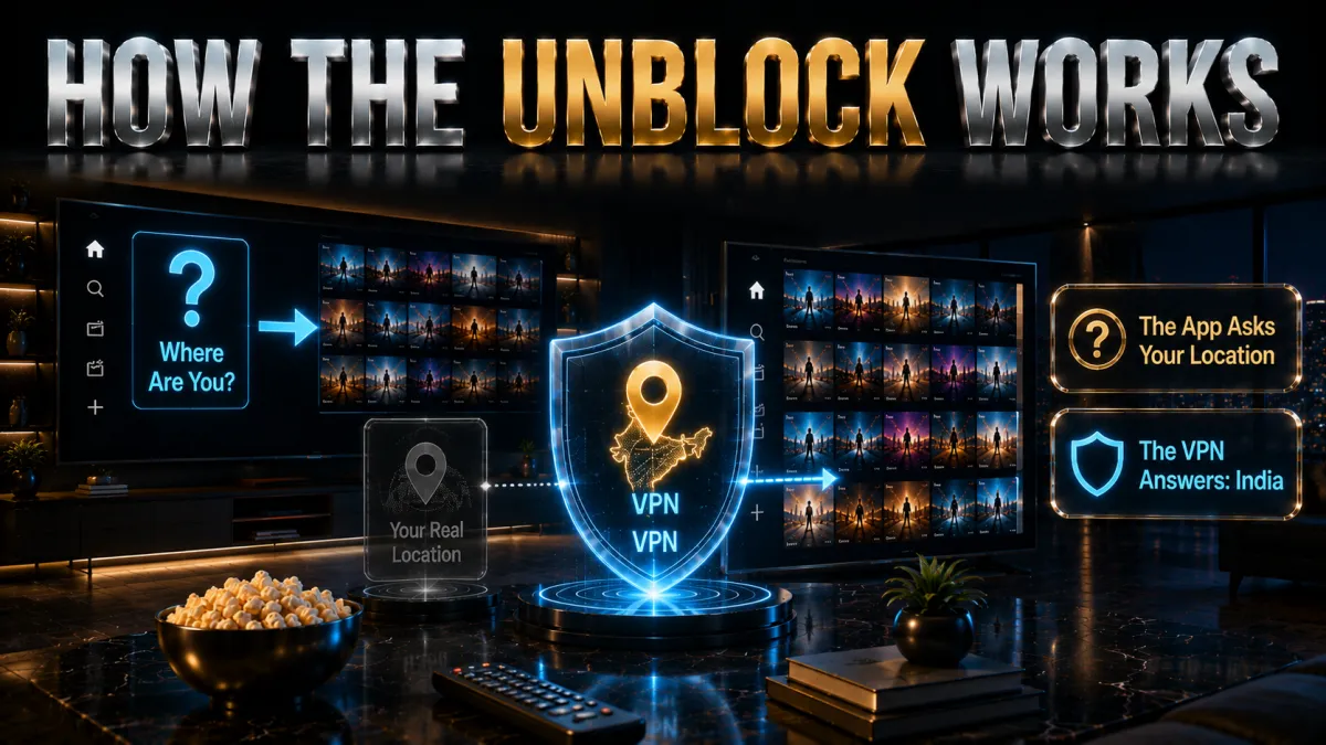 How a VPN unblocks Netflix India: the app asks your location, the VPN answers India