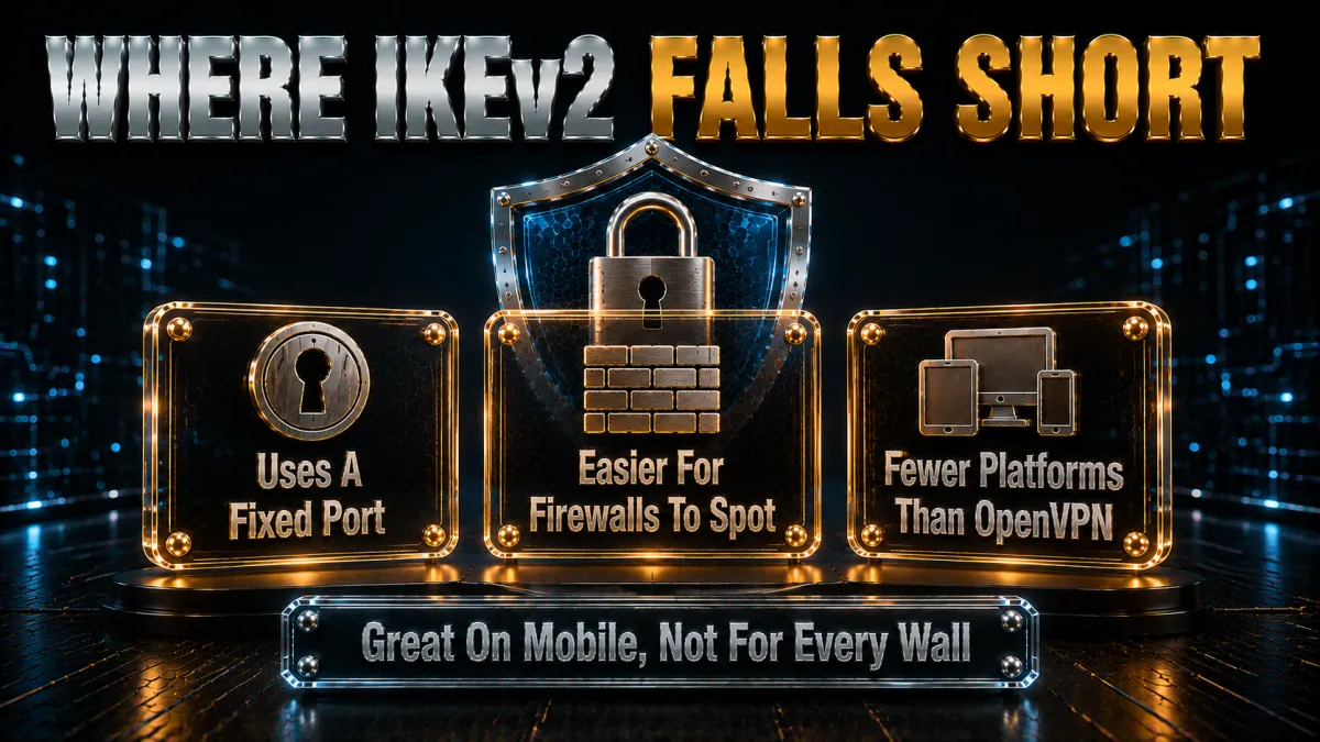 IKEv2 honest limitations: fixed port, easier for firewalls to spot, fewer platforms