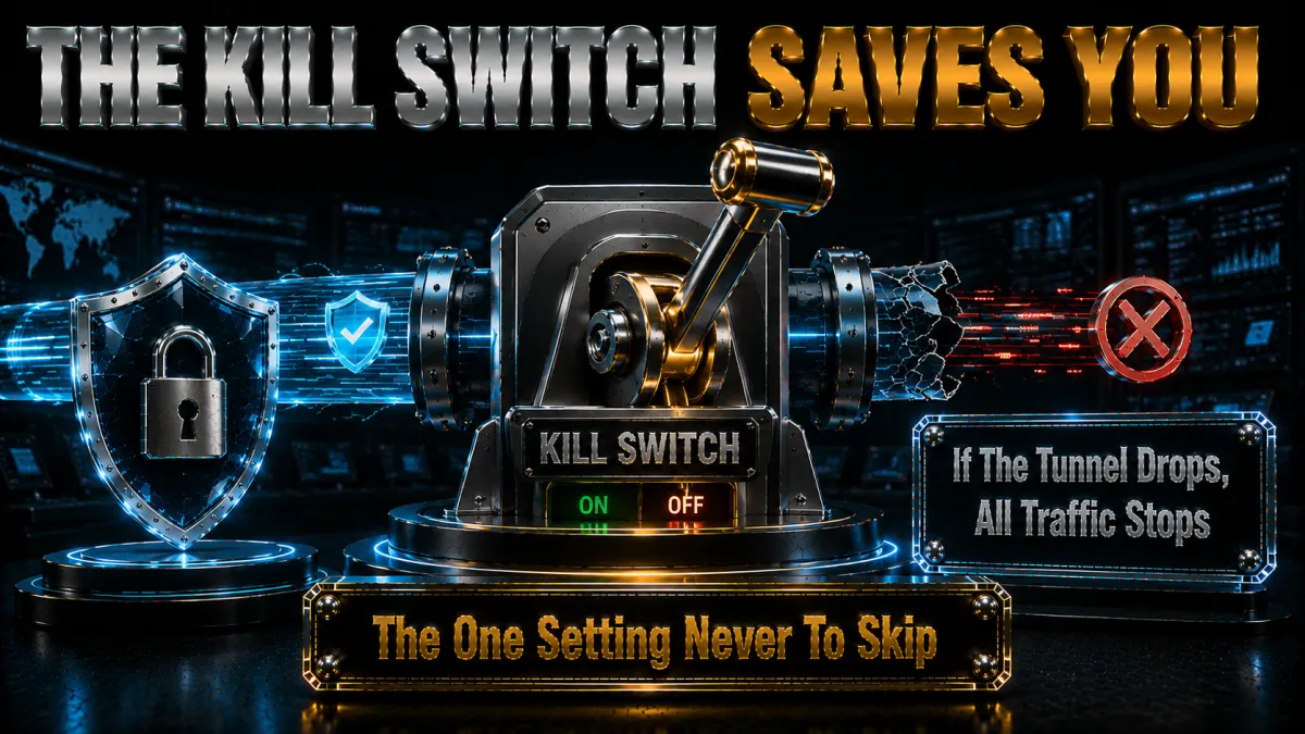 Why the kill switch matters: if the tunnel drops, all traffic stops
