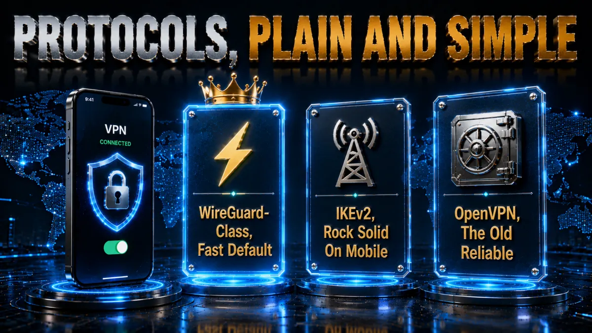 iPhone VPN protocols in plain language: WireGuard class, IKEv2, OpenVPN