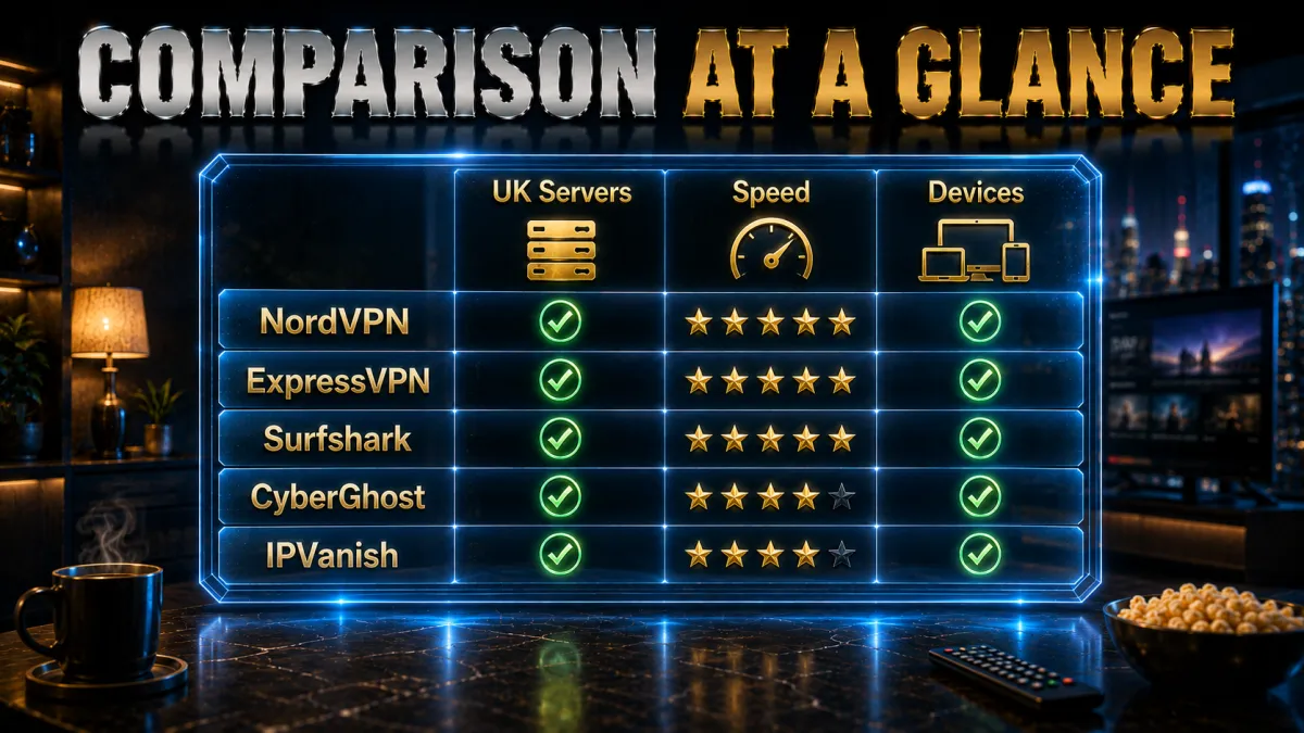 BBC iPlayer VPN comparison at a glance: UK servers, speed, devices