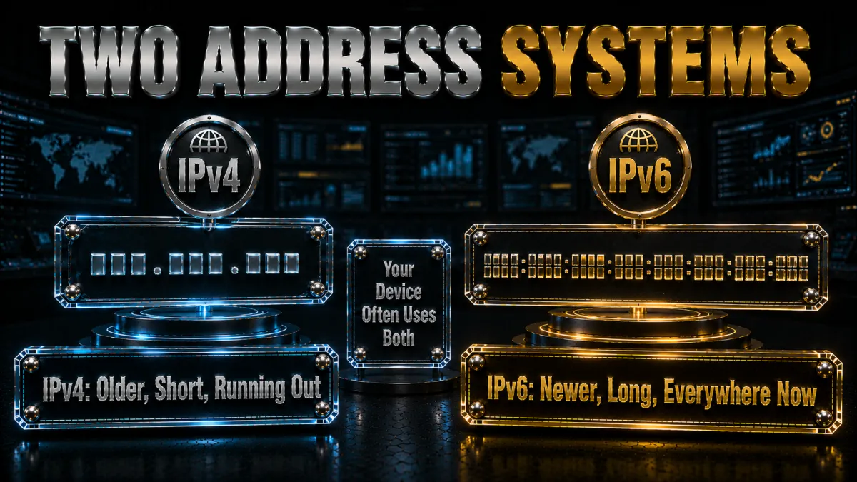 IPv4 vs IPv6 in plain terms: older short address versus newer long address, both in use