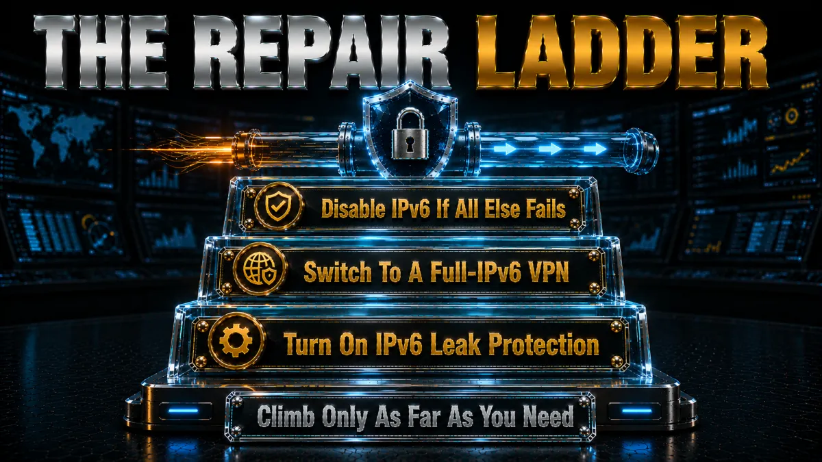 Fixing an IPv6 leak, the repair ladder: leak protection, a full-IPv6 VPN, or disable IPv6