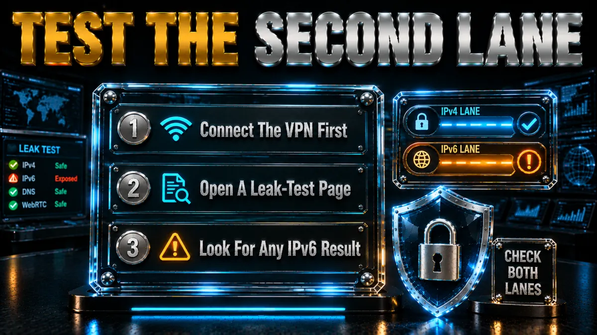 Testing for an IPv6 leak step by step: connect, open a leak test, look for any IPv6 result