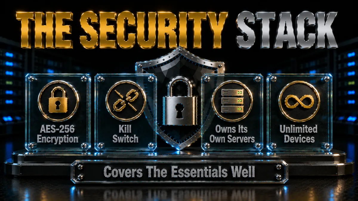 IPVanish security stack: AES-256 encryption, kill switch, owns its own servers and unlimited devices