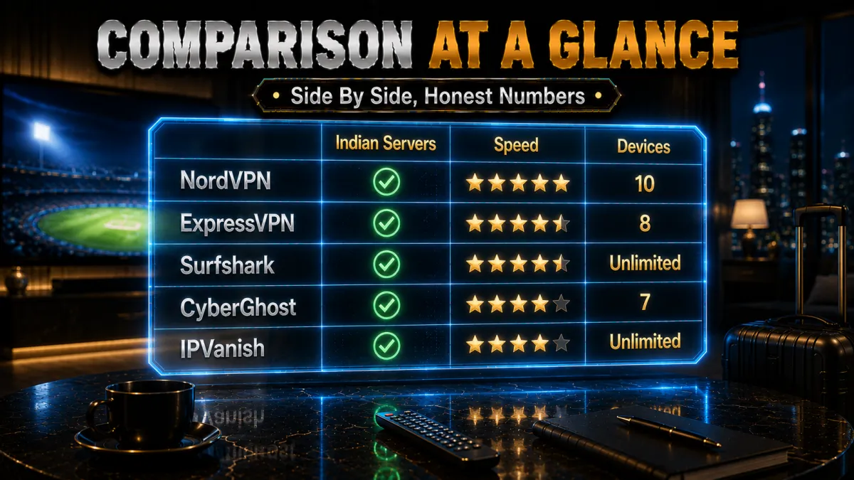 JioHotstar VPN comparison at a glance: Indian servers, speed, devices