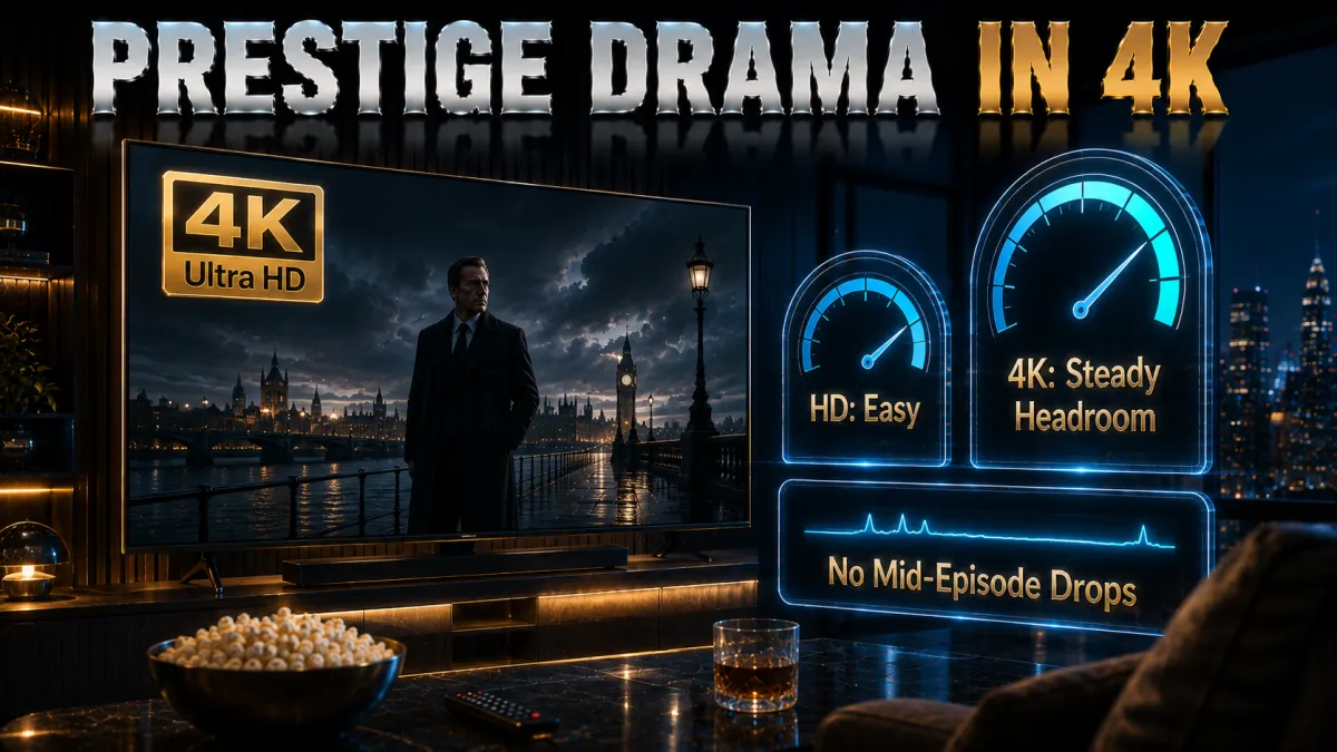 Max streaming speed: HD easy, 4K needs steady headroom, no mid episode drops