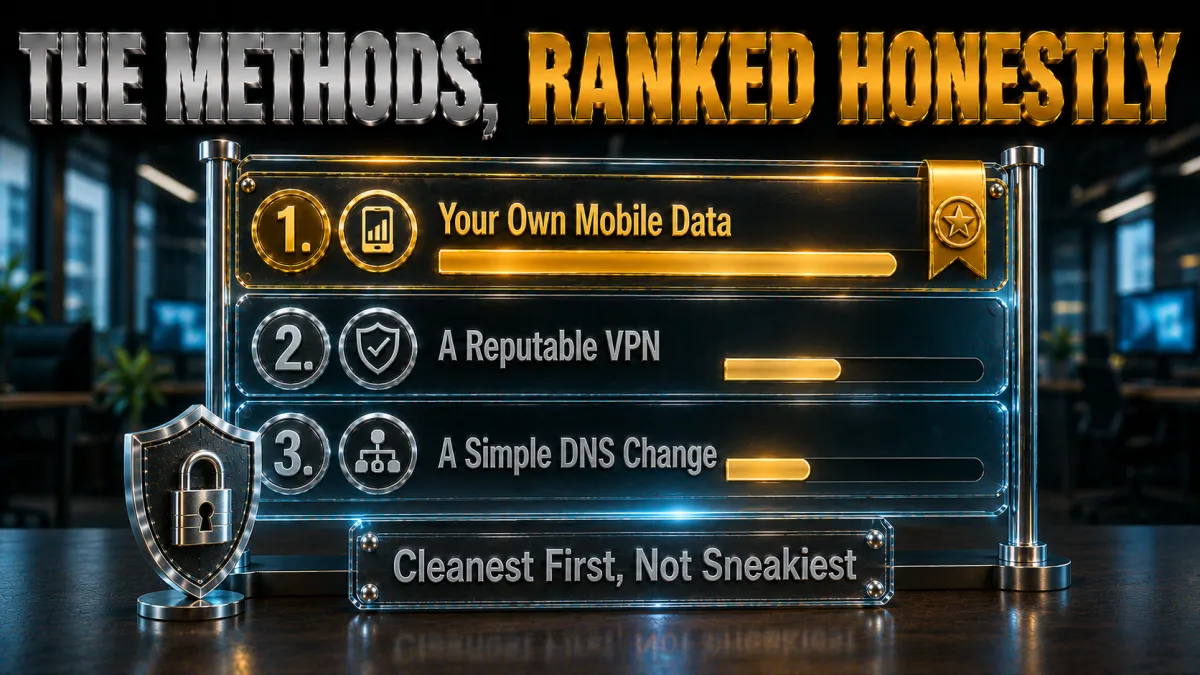The methods ranked honestly: cleanest first not sneakiest, mobile data then VPN then DNS