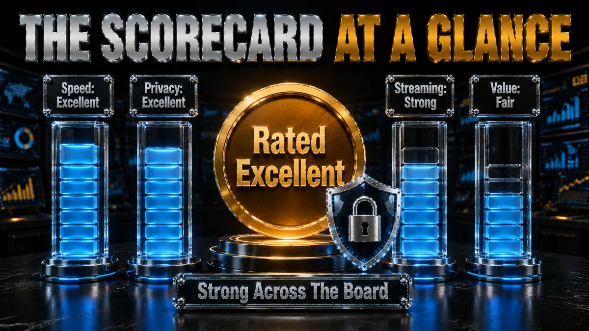 NordVPN scorecard at a glance: excellent speed and privacy, strong streaming, fair value
