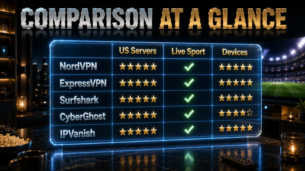 Peacock VPN comparison at a glance: US servers, live sport, devices