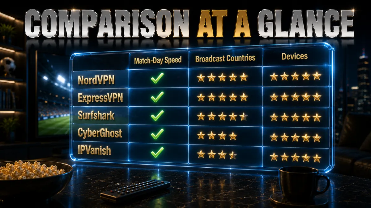 Premier League VPN comparison at a glance: match day speed, countries, devices