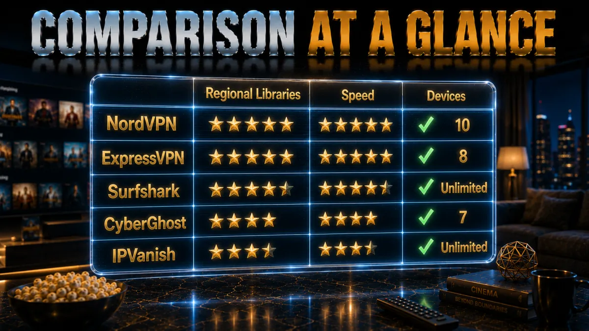Prime Video VPN comparison at a glance: regional libraries, speed, devices