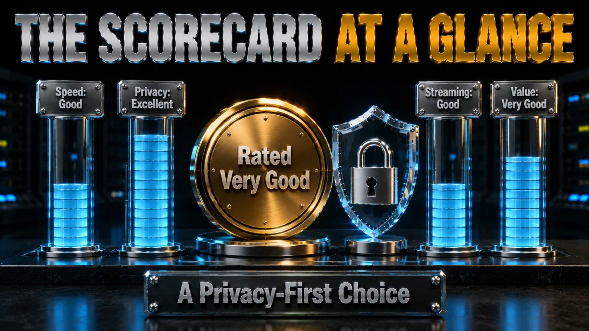 ProtonVPN scorecard at a glance: good speed, excellent privacy, good streaming and very good value