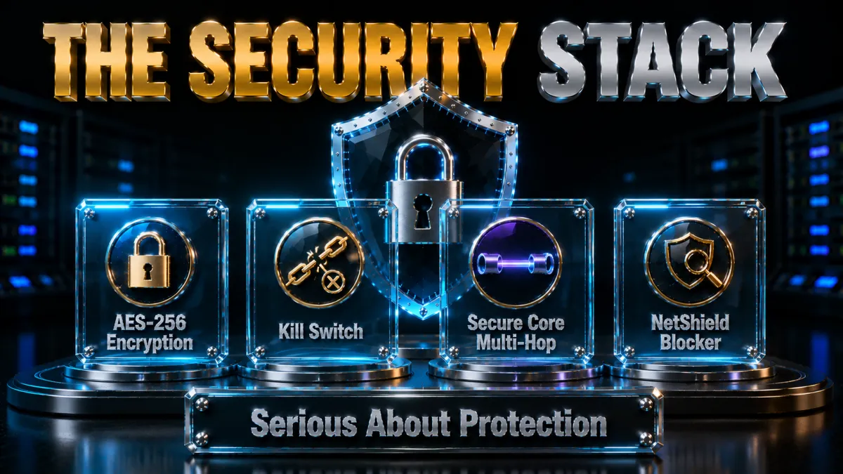ProtonVPN security stack: AES-256 encryption, kill switch, Secure Core multi-hop and NetShield blocker
