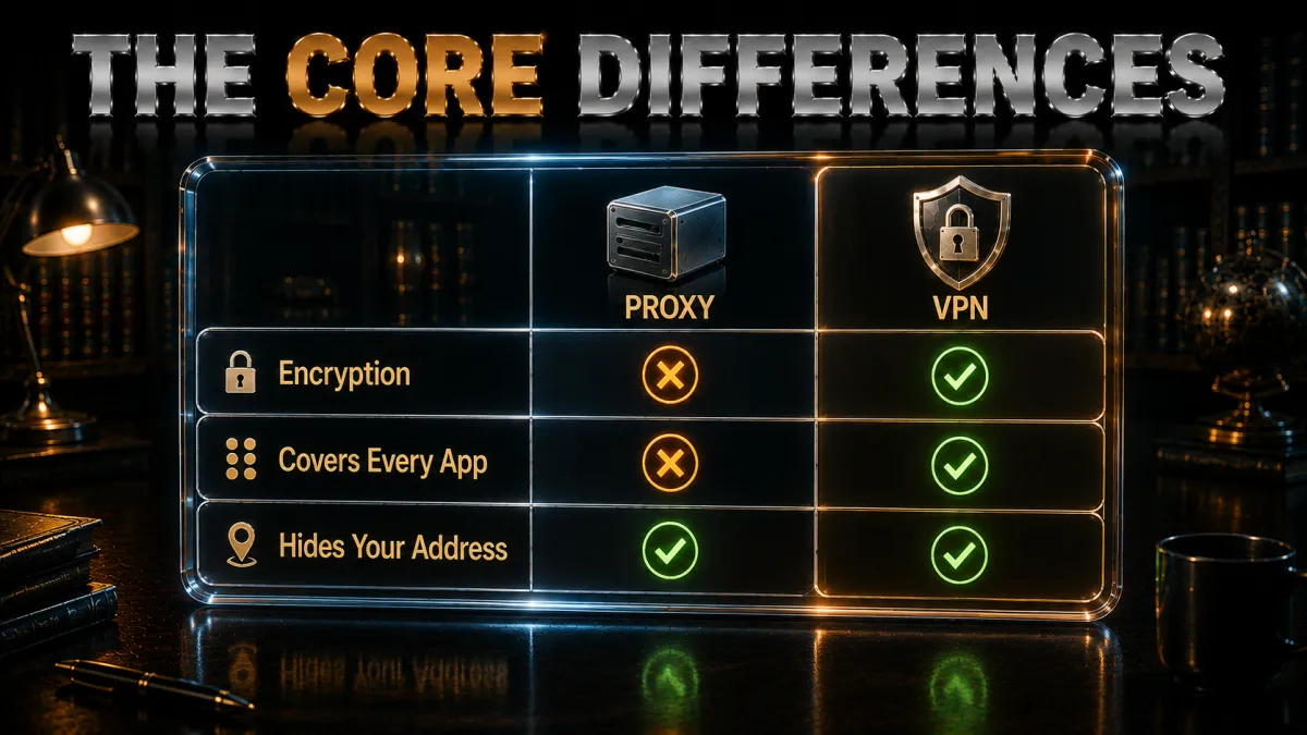 Proxy vs VPN core differences side by side: encryption and full coverage decide it