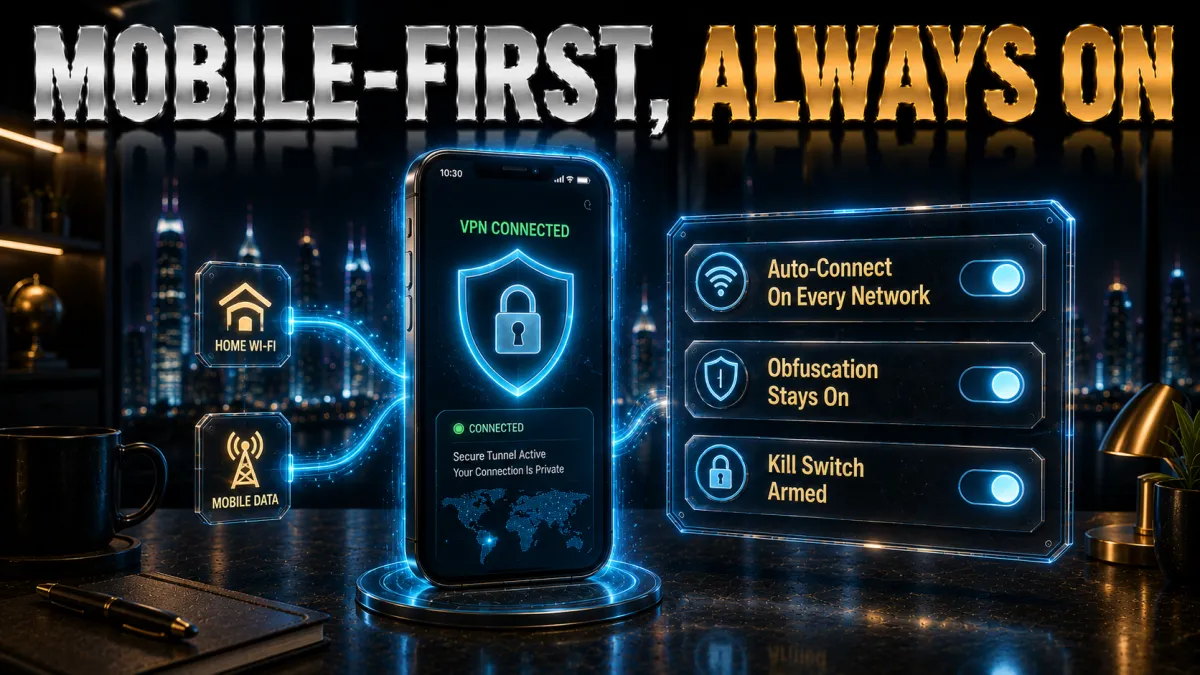 Mobile VPN use in Qatar: auto connect on every network, kill switch armed
