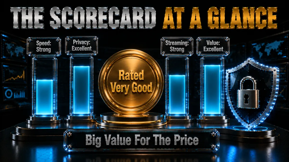 Surfshark scorecard at a glance: strong speed and streaming, excellent privacy and value