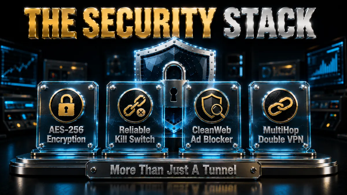 Surfshark security stack: AES-256 encryption, kill switch, CleanWeb ad blocker and MultiHop
