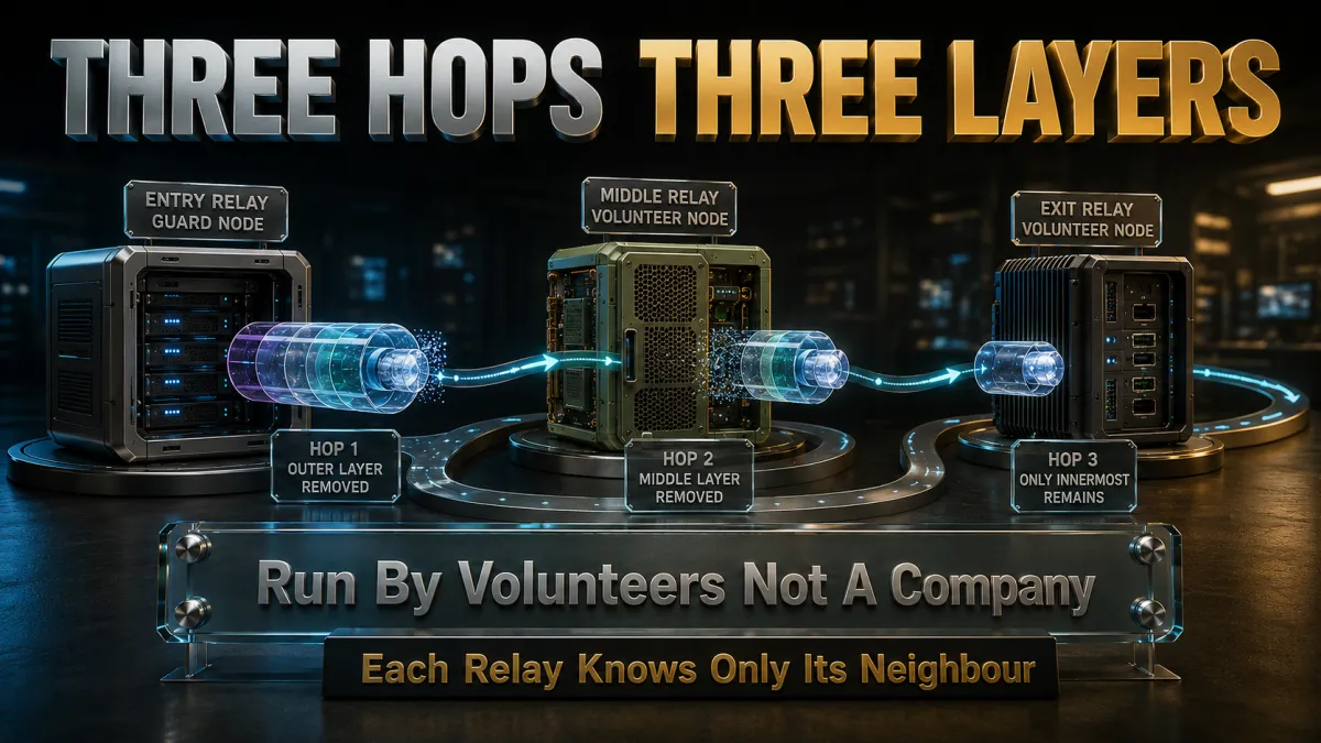 What Tor actually is: three volunteer relays, one encryption layer removed per hop
