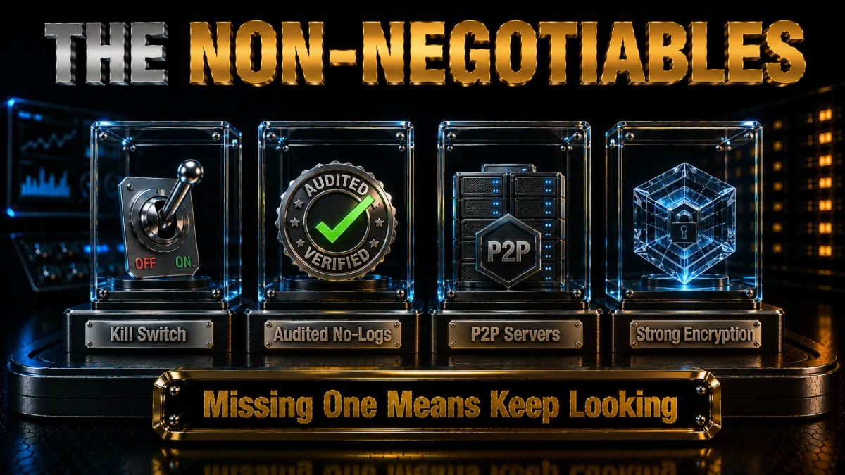 The non-negotiables for safe P2P: kill switch, audited no-logs, P2P servers and strong encryption
