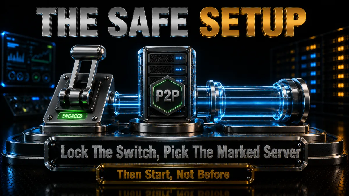 The safe setup: lock the kill switch and pick the marked P2P server, then start not before