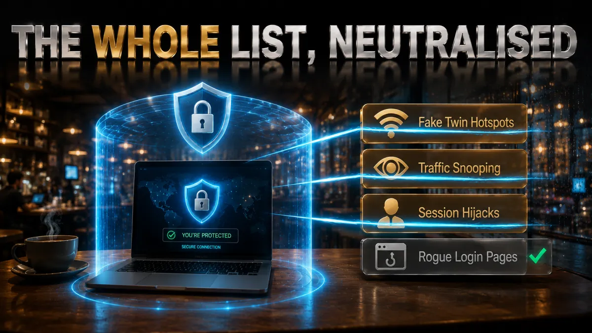 How a VPN neutralises public wifi threats: fake hotspots, snooping, hijacks crossed out