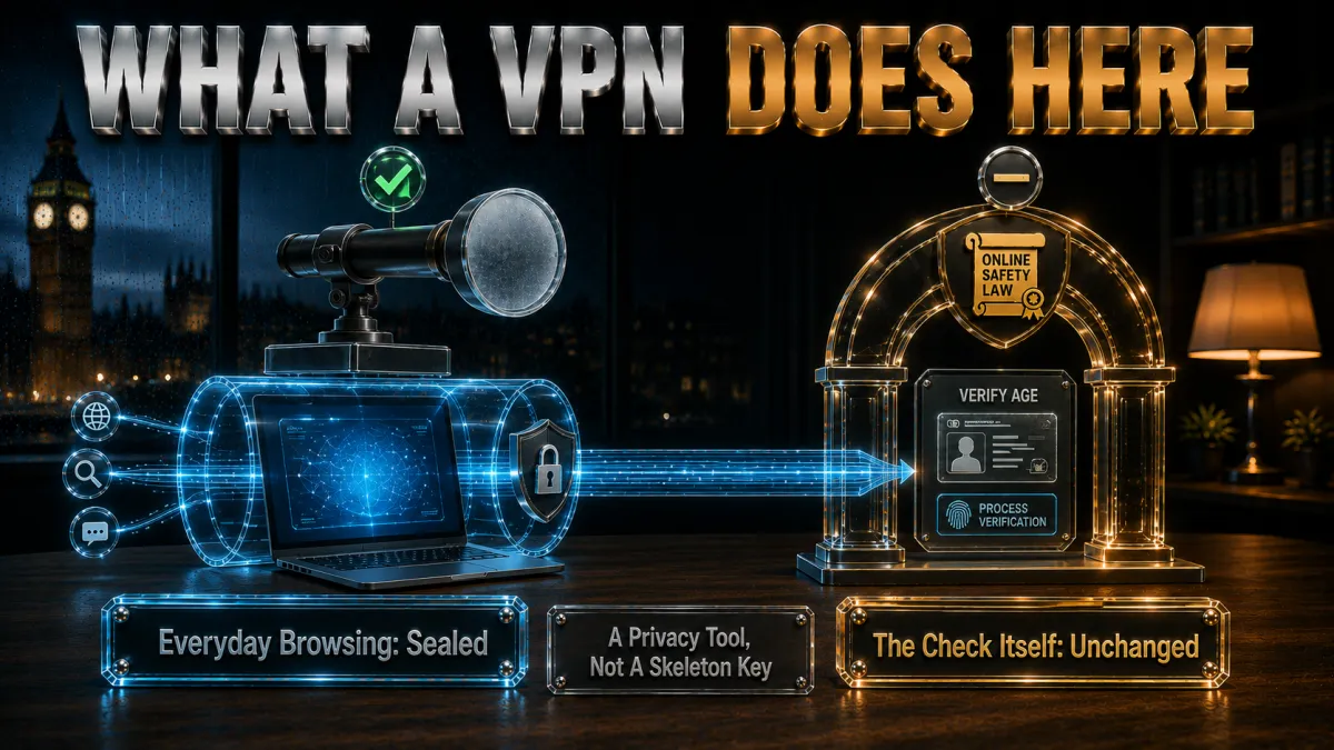 Where a VPN fits: everyday browsing sealed, the check itself unchanged, a privacy tool not a skeleton key