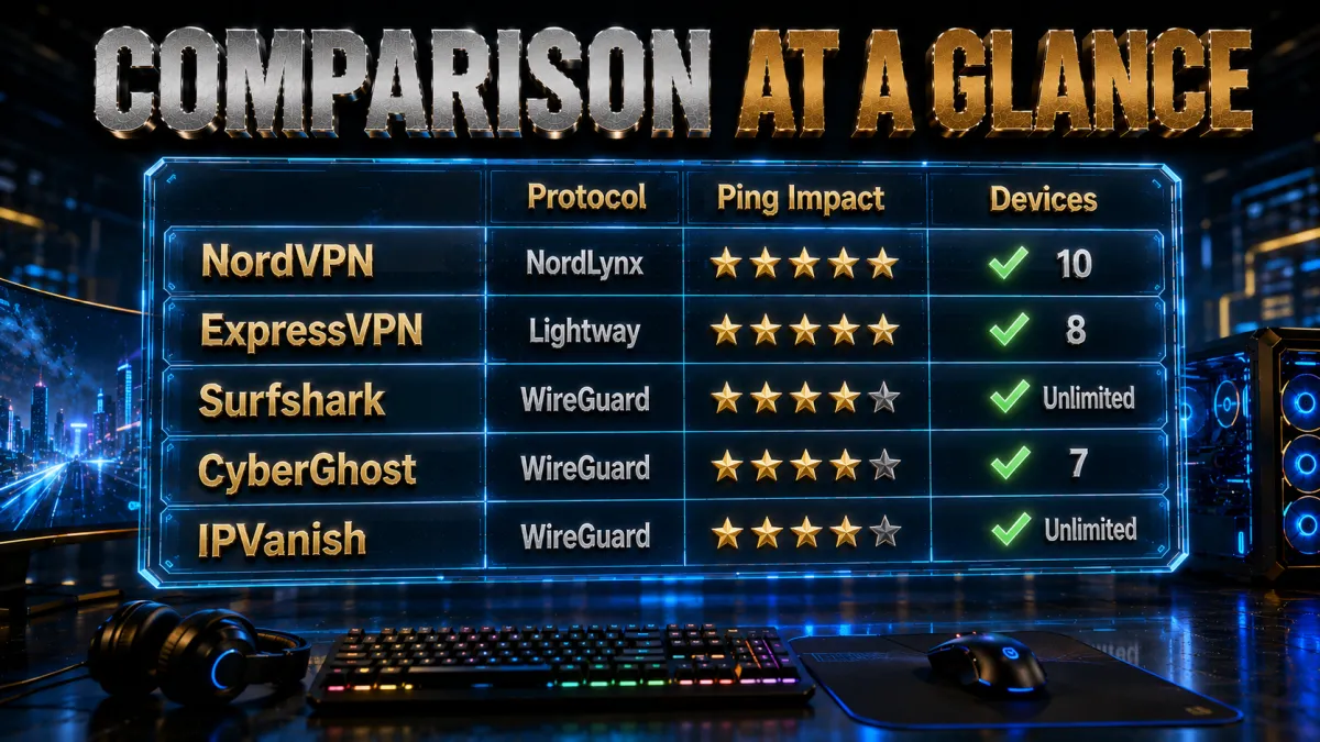 Warzone VPN comparison at a glance: protocol, ping impact, devices