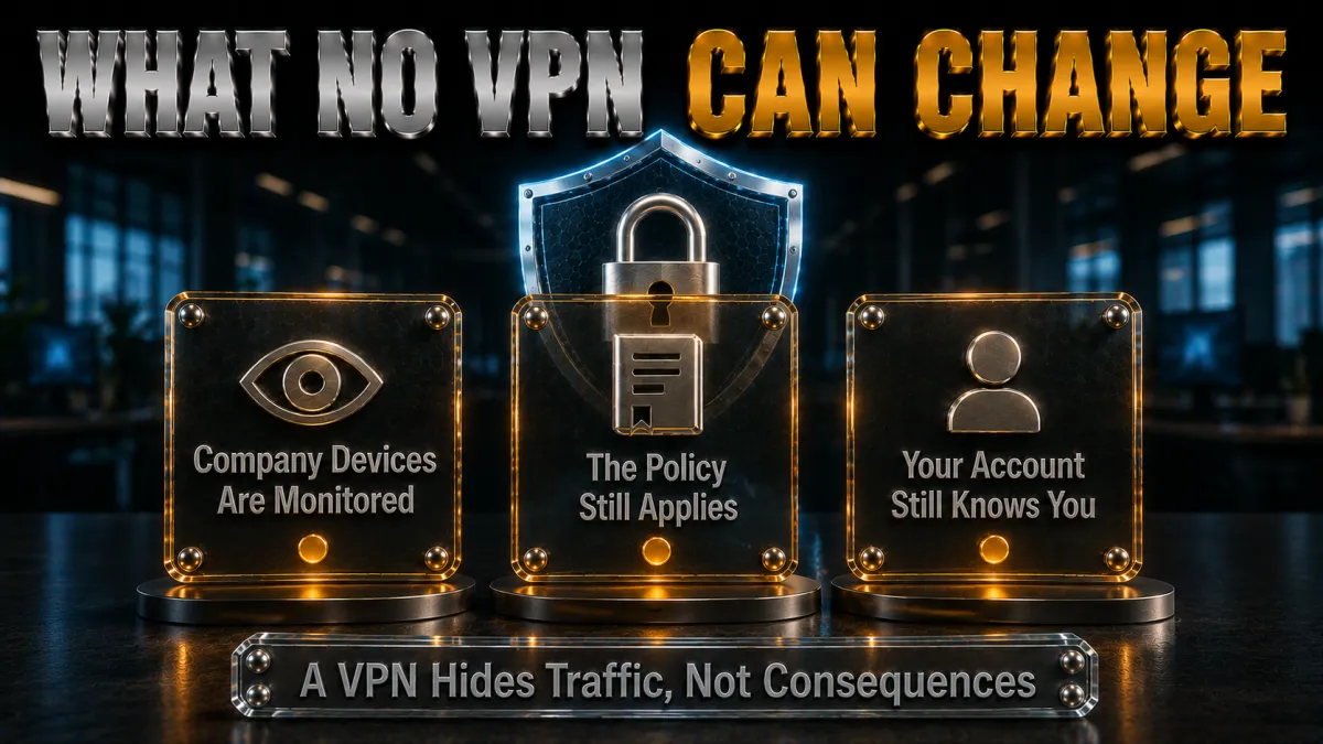 What no VPN can change: company devices monitored, policy applies, a VPN hides traffic not consequences