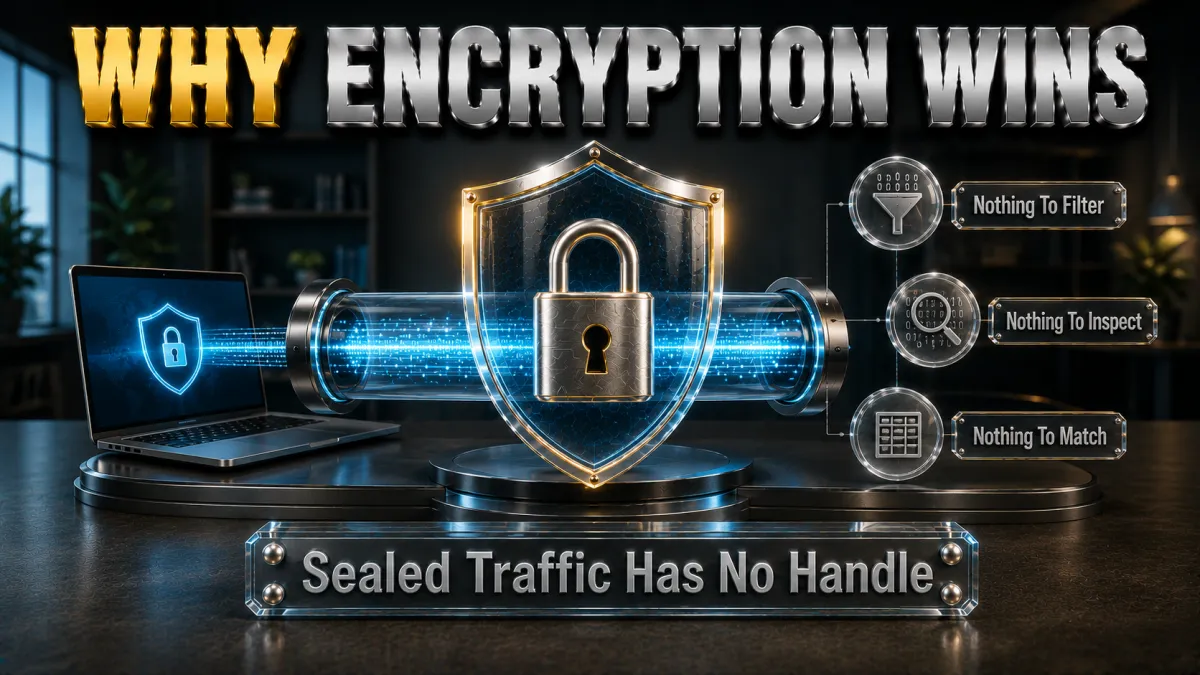 Why encryption wins: sealed traffic has no handle for filters to grab