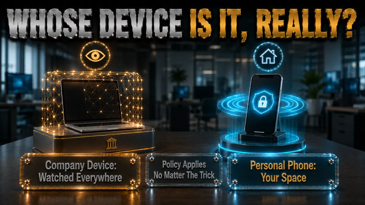 Workplace policy and whose device it is: company device watched, personal phone your space