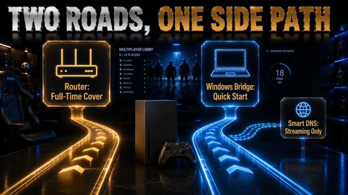 How to get a VPN onto an Xbox: router full time, Windows bridge quick start, Smart DNS for streaming